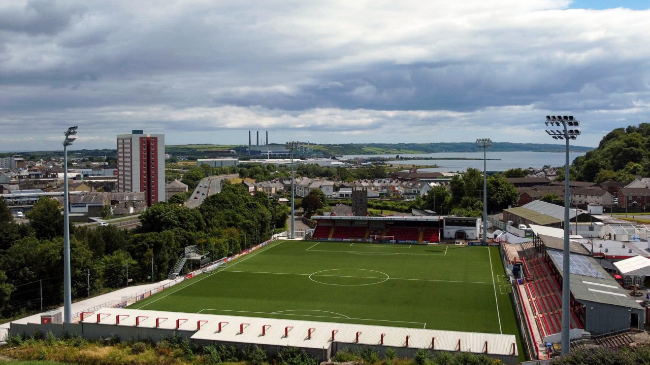 Photo of Inver Park stadium from an aerial view.
